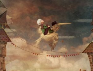 Tyttö lentää pelikaanilla