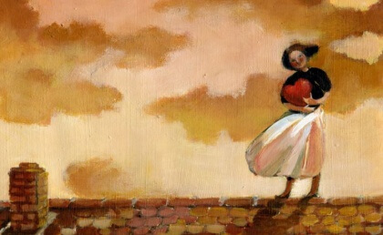 Nainen katolla sydän sylissään