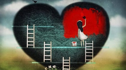 Tyttö maalaa sydäntä punaiseksi
