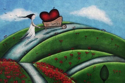 Tyttö kuljettaa sydäntä kottikärryissä