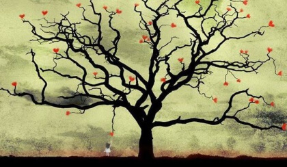 Tyttö poimii sydämen puusta