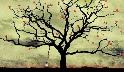 Tyttö poimii puusta sydämen