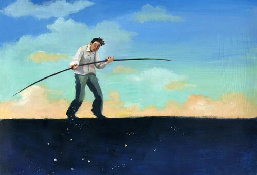 Mies kävelee nuoralla ilman nuoraa