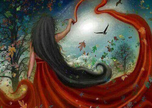 Tytöllä pitkät hiukset ja mekko