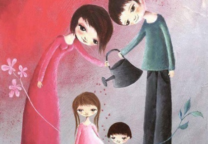 Perhe kastelee kukkia