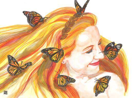 Nainen perhoset hiuksissaan ei kerjää rakkautta