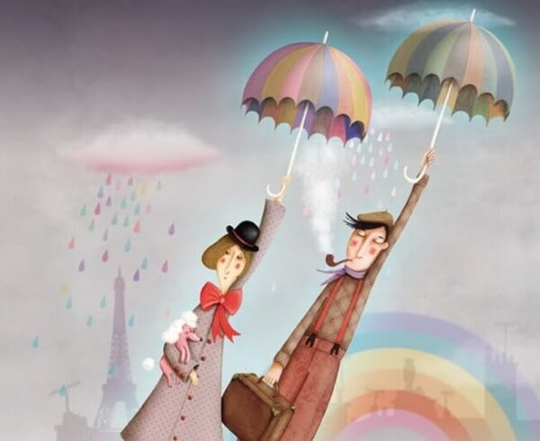 Pariskunta lentää sateenvarjoilla