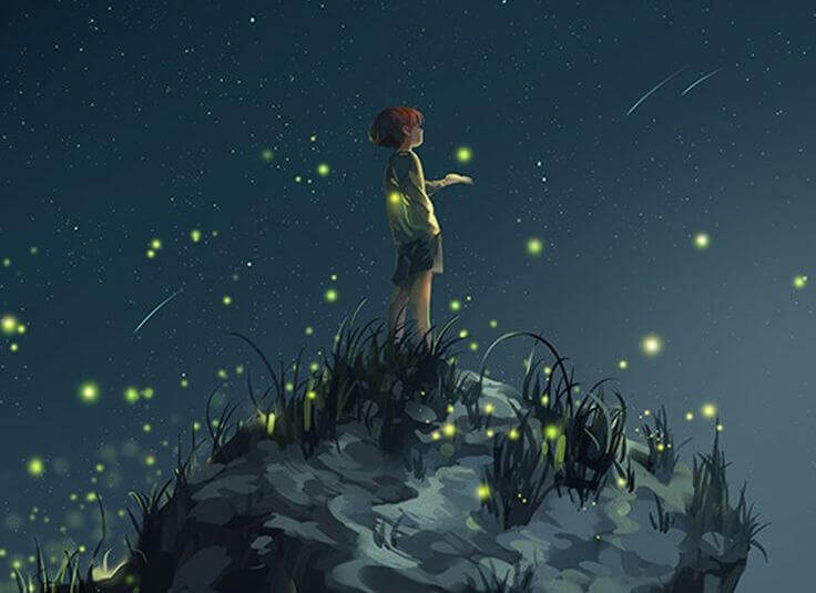 Onnellinen lapsi katsoo tähdenlentoja