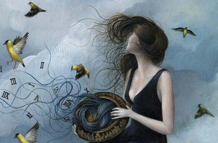 Hiuksia kellossa nainen murehtii