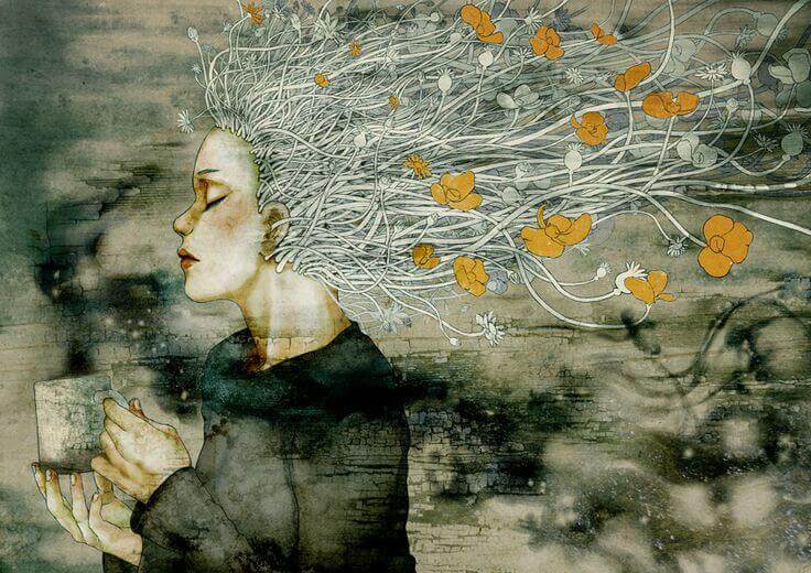 Nainen kahvikuppi kädessään