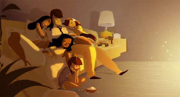 Onnellisuuden opettaminen perhe sohvalla