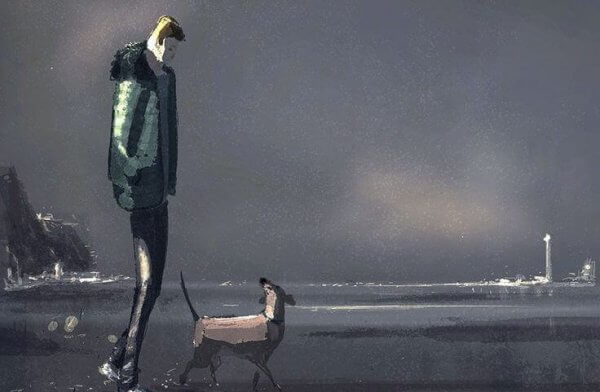 mies ja koira rannalla