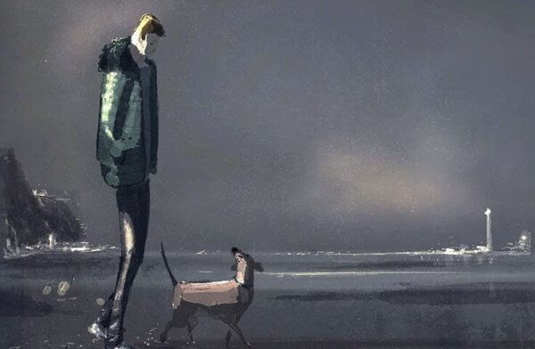 mies ja koira rannalla