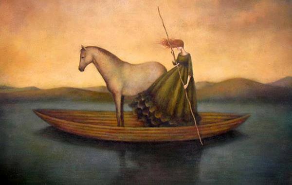 nainen ja hevonen veneessa
