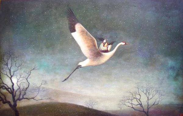 nainen ratsastamassa linnulla