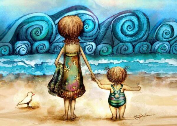äiti ja lapsi rannalla