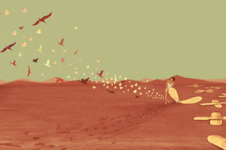 laastarin alta lentää lintuja ja perhosia