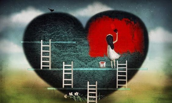 tyttö maalaa sydämen punaiseksi