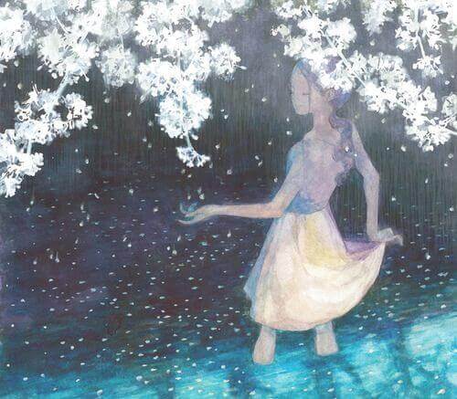 tyttö ja kukkiva puu