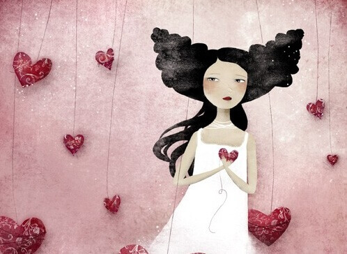 tyttö ja roikkuvat sydämet