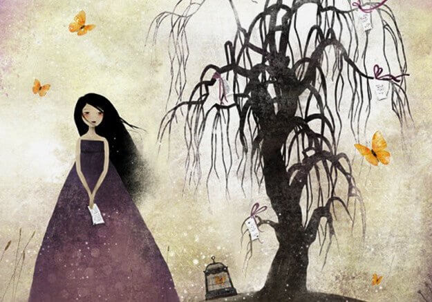 tyttö kuolleen puun vieressä