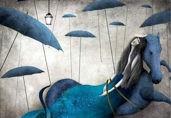 nainen on sidottuna hevosen selkään