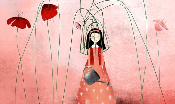 tyttö kukkien tekemässä häkissä