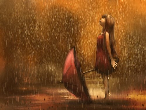 tyttö sateessa sateenvarjo kädessä