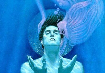 mies veden alla ja nainen suutelee häntä