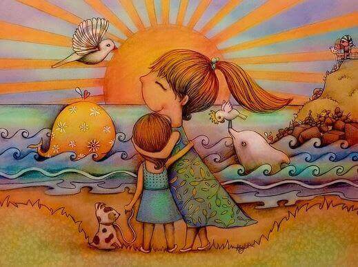 äiti ja tytär auringonlaskussa