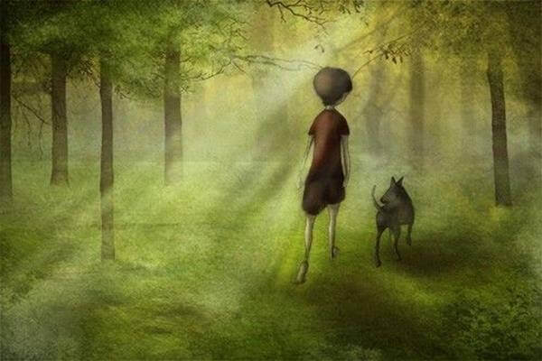 lapsi ja koira metsässä