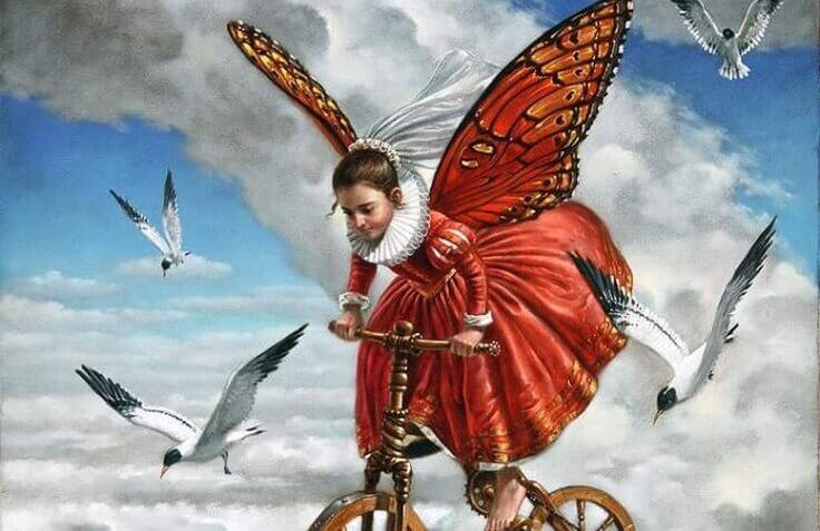 perhostyttö pyöräilee taivaalla