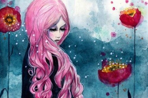 naisella on vaaleanpunaiset hiukset