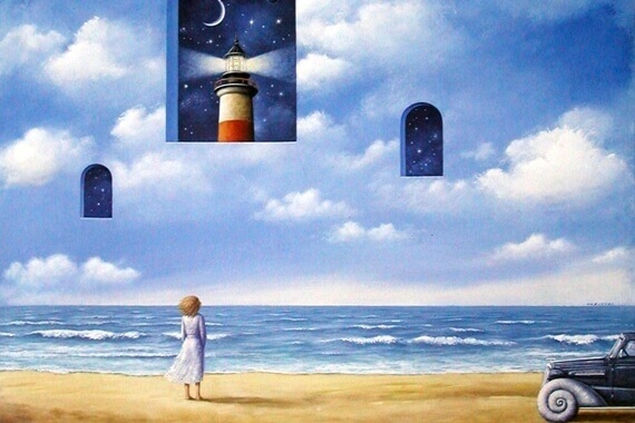 Nainen katsoo taivaalla oleviin ikkunoihin