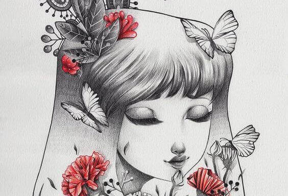 tytöllä marjoja kukkia perhosia