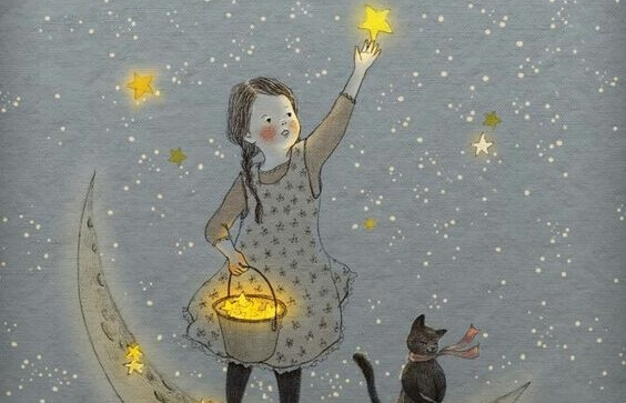 tyttö poimii tähtiä taivaalta