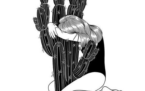 nainen halaa kaktusta