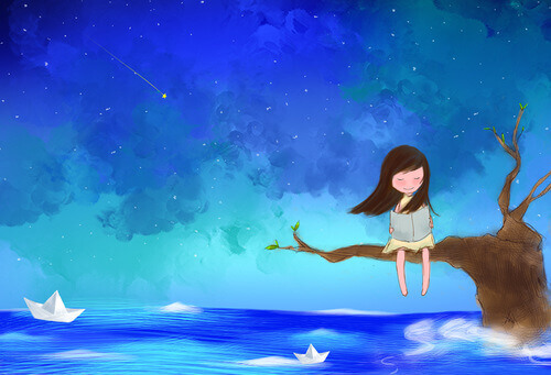 tyttö lukee puunoksalla