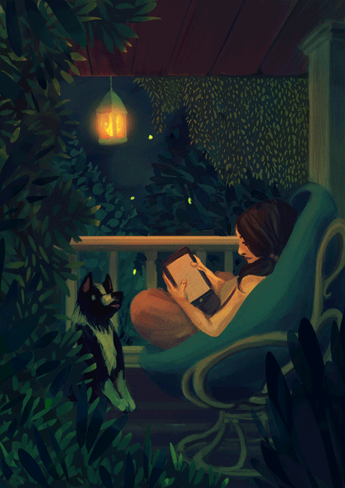 nainen lukee terassilla koiransa kanssa