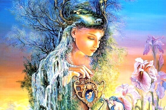 nainen ja kukat ja vesi ja puut