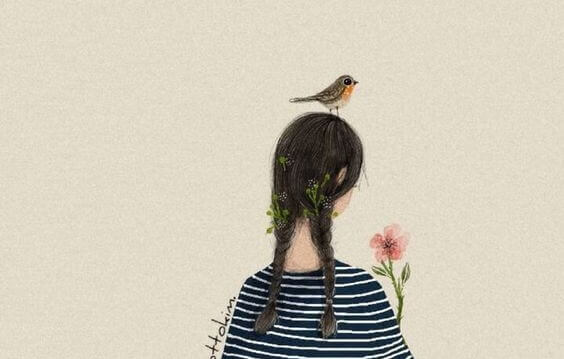 tytöllä kukka ja lintu