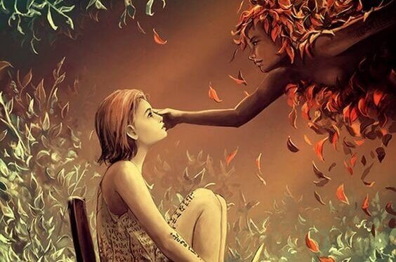 tyttö ja lehdillä kuorrutettu nainen