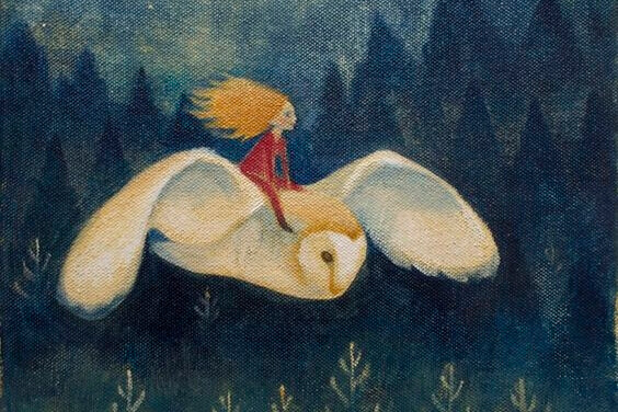 tyttö lentää pöllön selässä