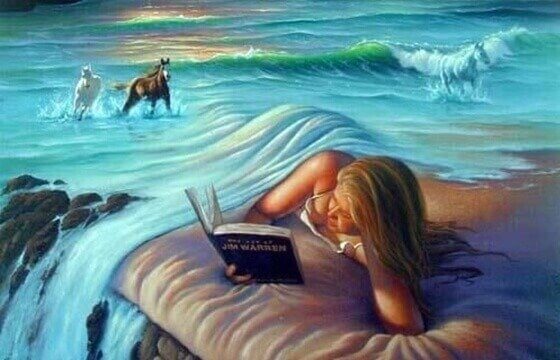 nainen lukee sängyssään joka on vesiputous