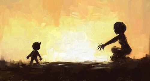 äiti ottaa pojan avosylin vastaan