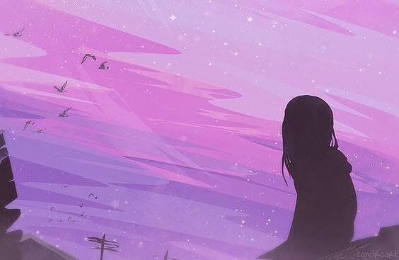 tyttö katselee violetille taivaalle