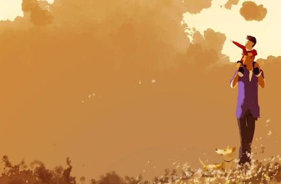 isä pitää poikaa harteillaan