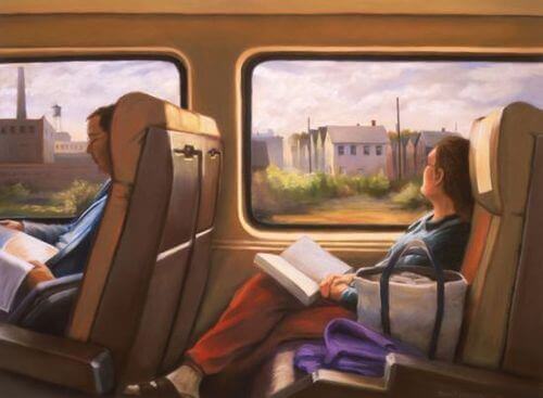 ihmiset lukevat bussissa tai junassa