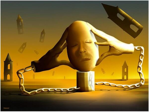 pää on kahlittuna maahan