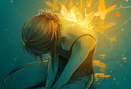 naisen selässä on valaistuja perhosia